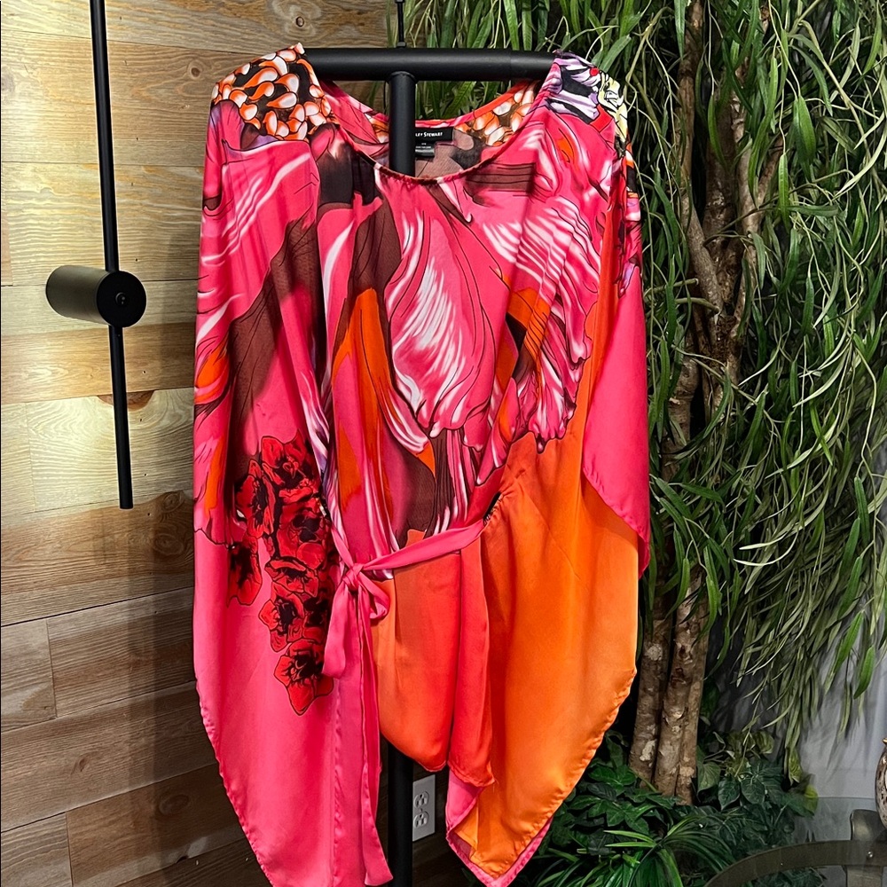 Ashley Stewart satin tropical tunic blouse. Pink and orange floral. 14